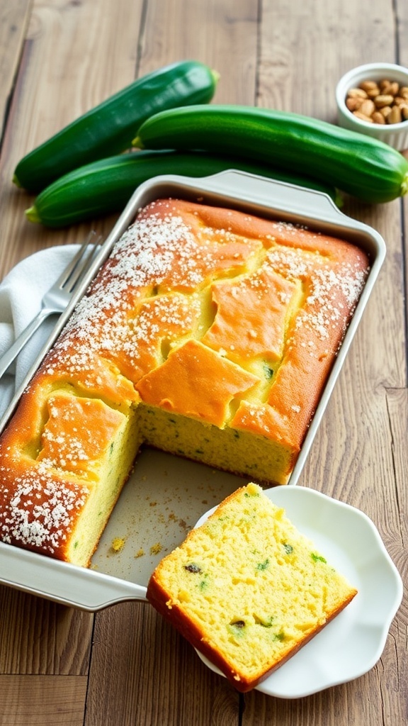 Moist Zucchini Cake Recipe in a 9x13 Pan A moist zucchini cake in a 9x13 pan, topped with powdered sugar, with a slice on a plate and fresh zucchinis in the background.